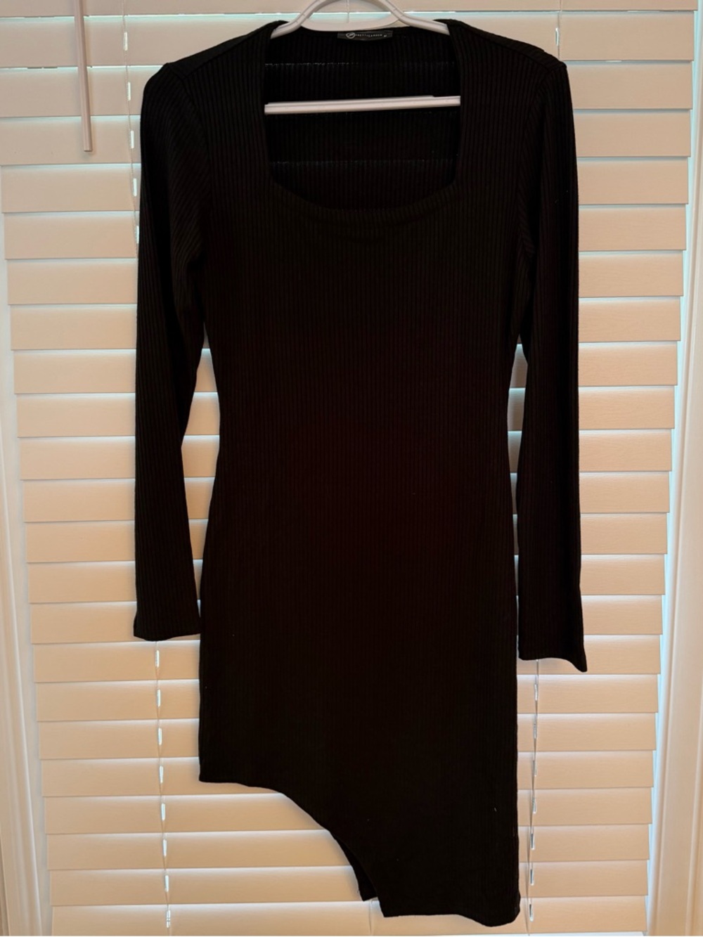 Black Ribbed Long-Sleeve Asymmetric Dress. Size M. Square Neck. Going out dress